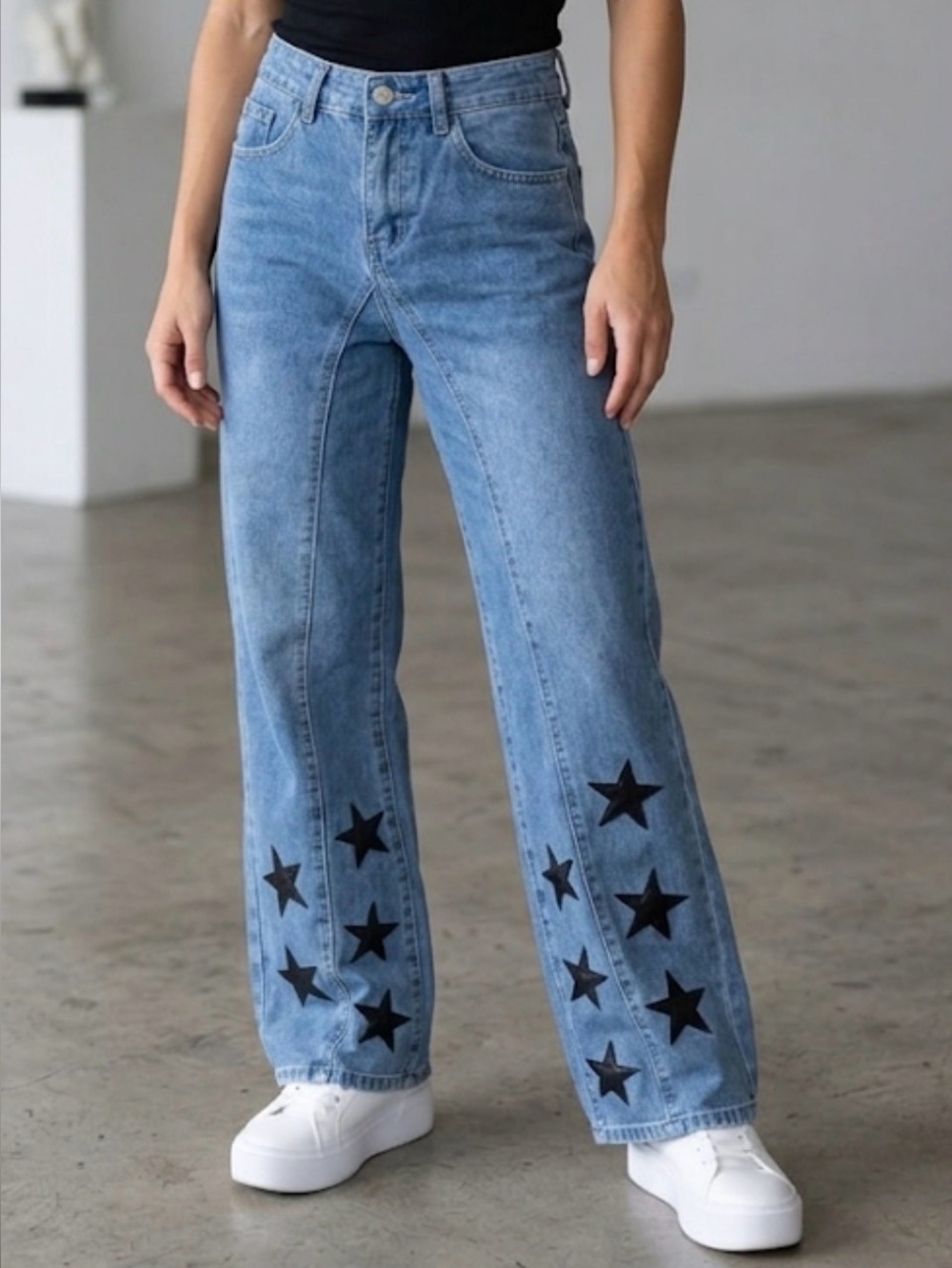 Light Blue High-Rise Wide-Leg Jeans with Black Star Details